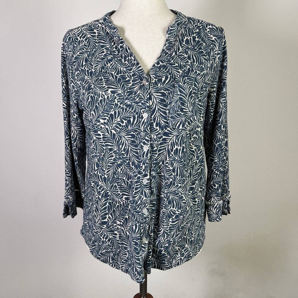 Woolovers Linen Top Women's Medium Botanical Print‎ Blue Boho V Neck 3/4 Sleeve